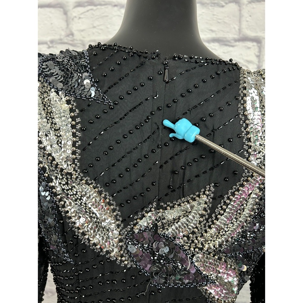 A.J. BARI Silk Beaded Sequins‎ Long Sleeve Fashion Dress Black Women's 6 Flaws - Picture 7 of 10